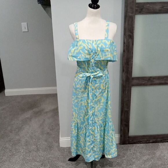 Derek Lam Collective  RTR blue & yellow Scribble Tie Tiered Midi Dress size 42/6 - Picture 4 of 6